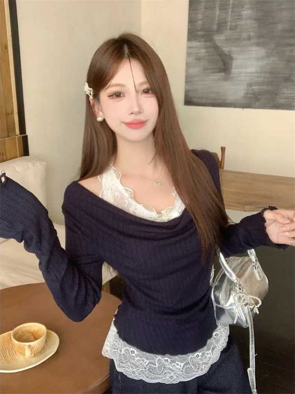 

Korean Sle Lace Splice Fake Two-Piece One-oulder Slim Fit Women's Base irt Spring Autumn New Faion oulder C...