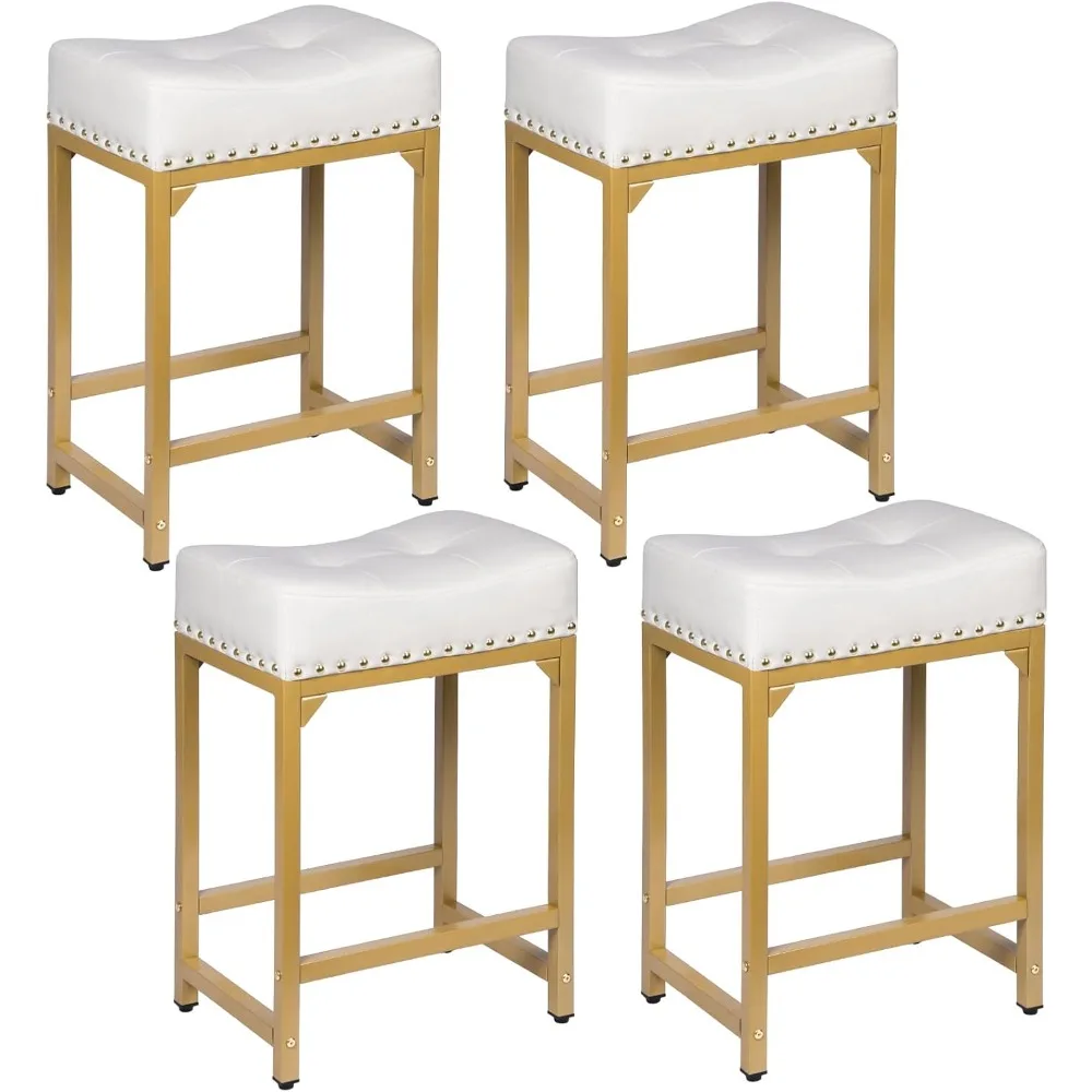 Bar Stools Set of 4 Counter Height, White & Gold Bar Stools for Kitchen Island, 24 Inch Modern Counter Stools Set of 4 Backless