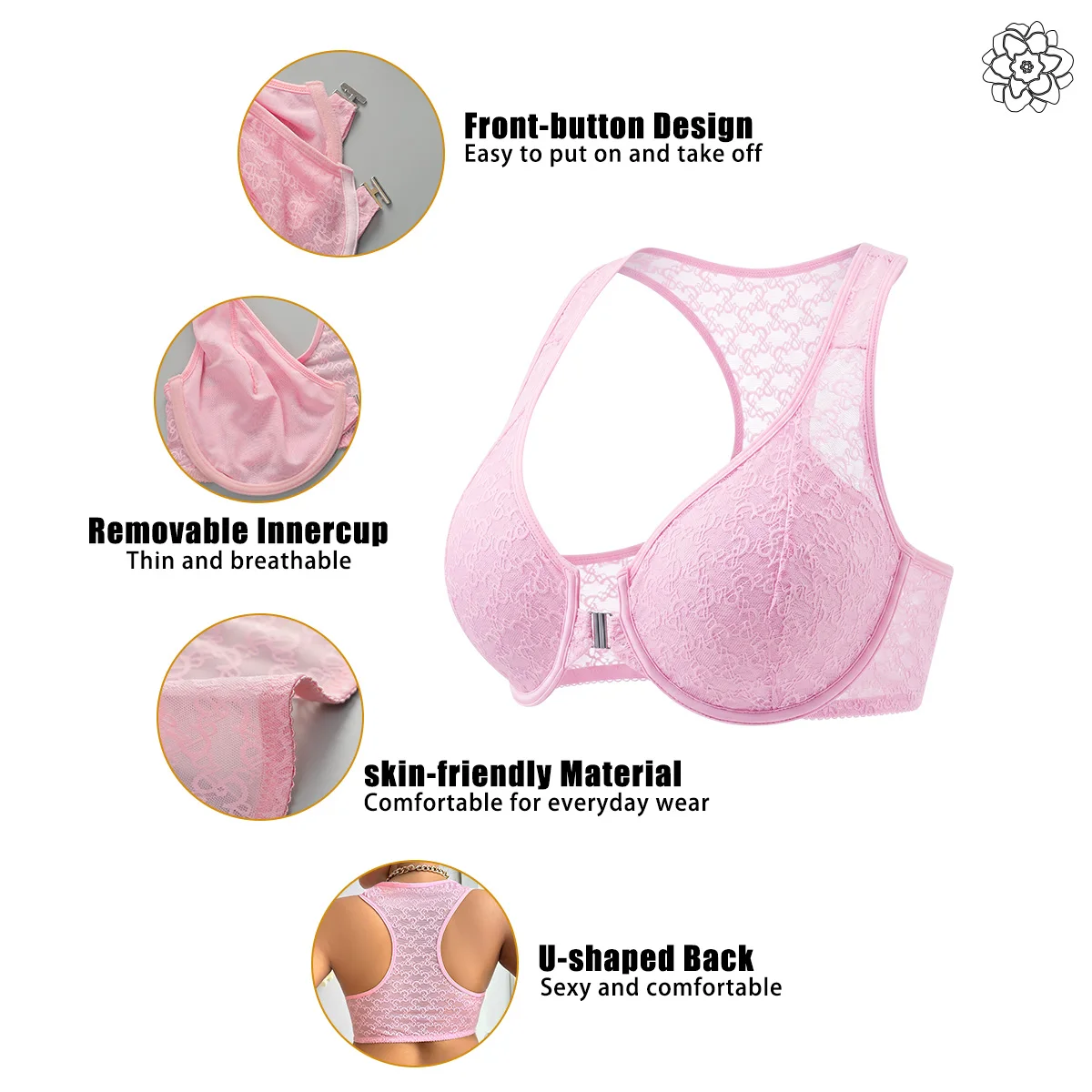 plus Size Women's Front Button Backless Bra With Sexy Large size Lace Suitable For Full Figured Plus Women To Wear MR2812