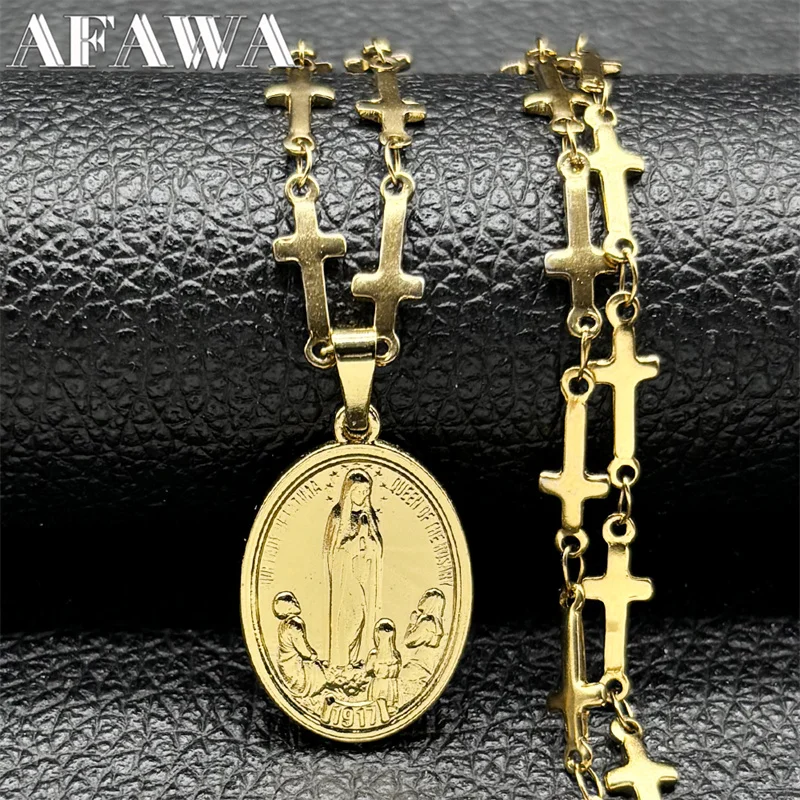 

Stainless Steel Virgin Mary Prayer Pendant Necklace for Women Men Gold Color Our Lady of Guadalupe Holy Cross Chain Jewelry