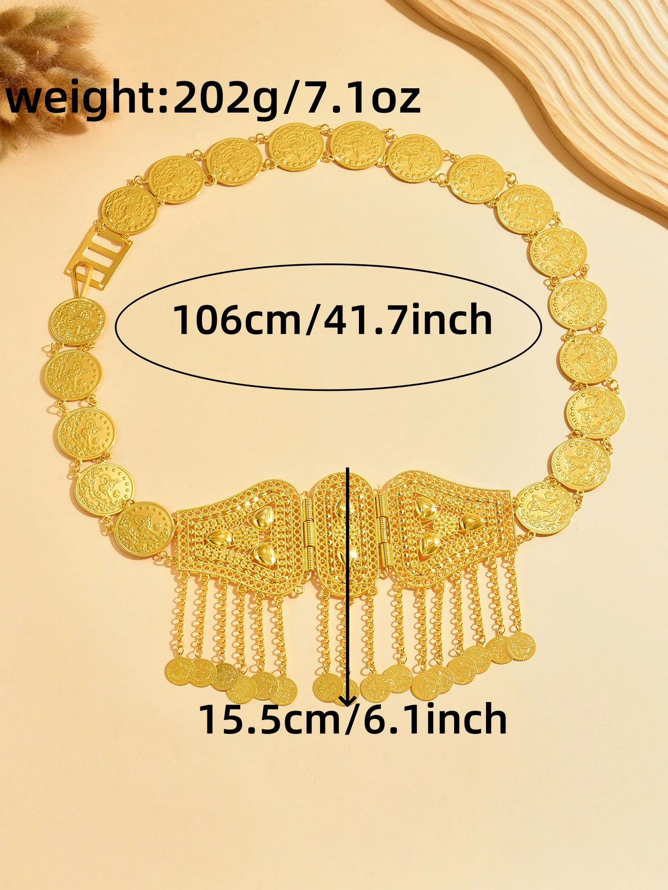 حزام من خليط معدني مجوف مع شرابات متدفقة وزخارف للعملات المعدنية - حزام زفاف متعدد الاستخدامات #6