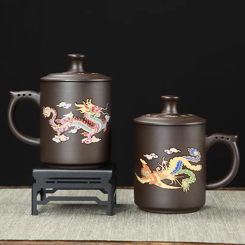 Heat-sensitive Color-changing Purple Sand Tea Cup 400ml Handmade Longfeng Mug with Lid and Handle Home Drinking Cup Office Gift
