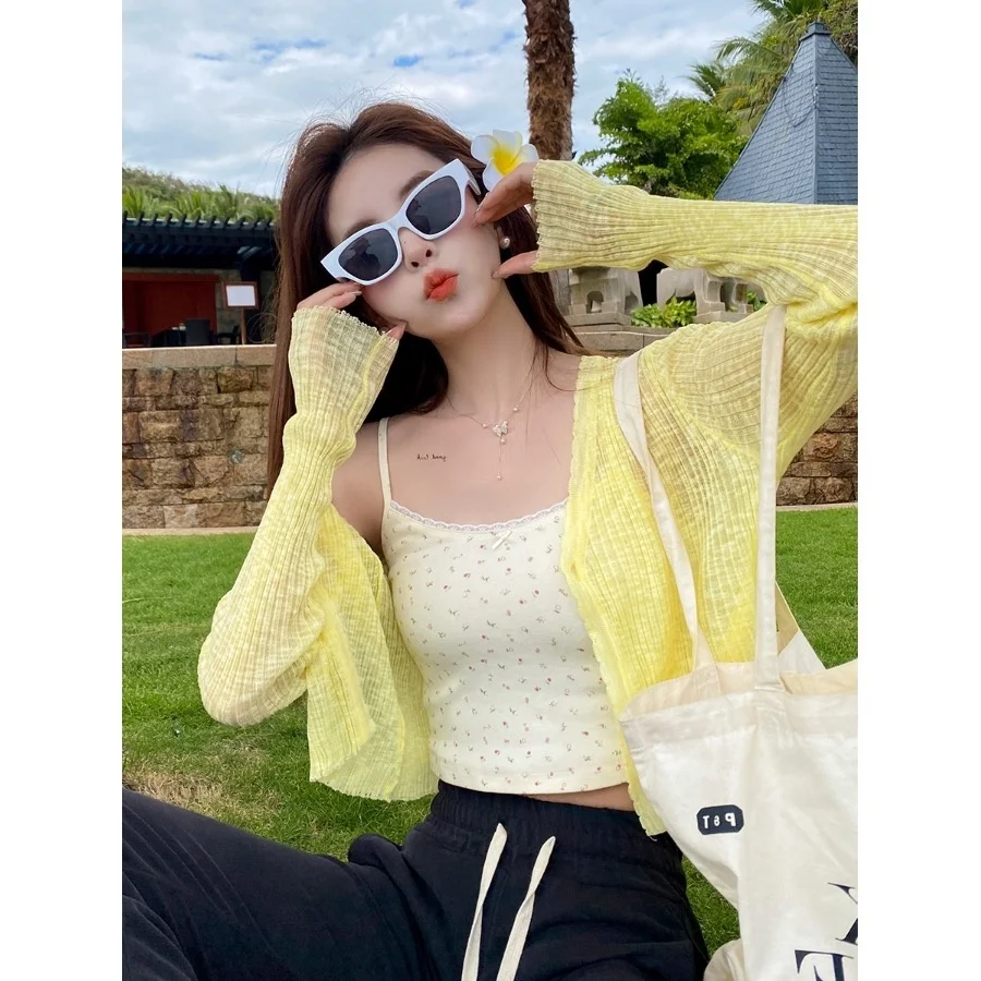 

Lightweight Knitted Ice Silk Cardigan Women's Summer Air Conditioning Cover up Strap Vest Top Sun Protection Outerwear