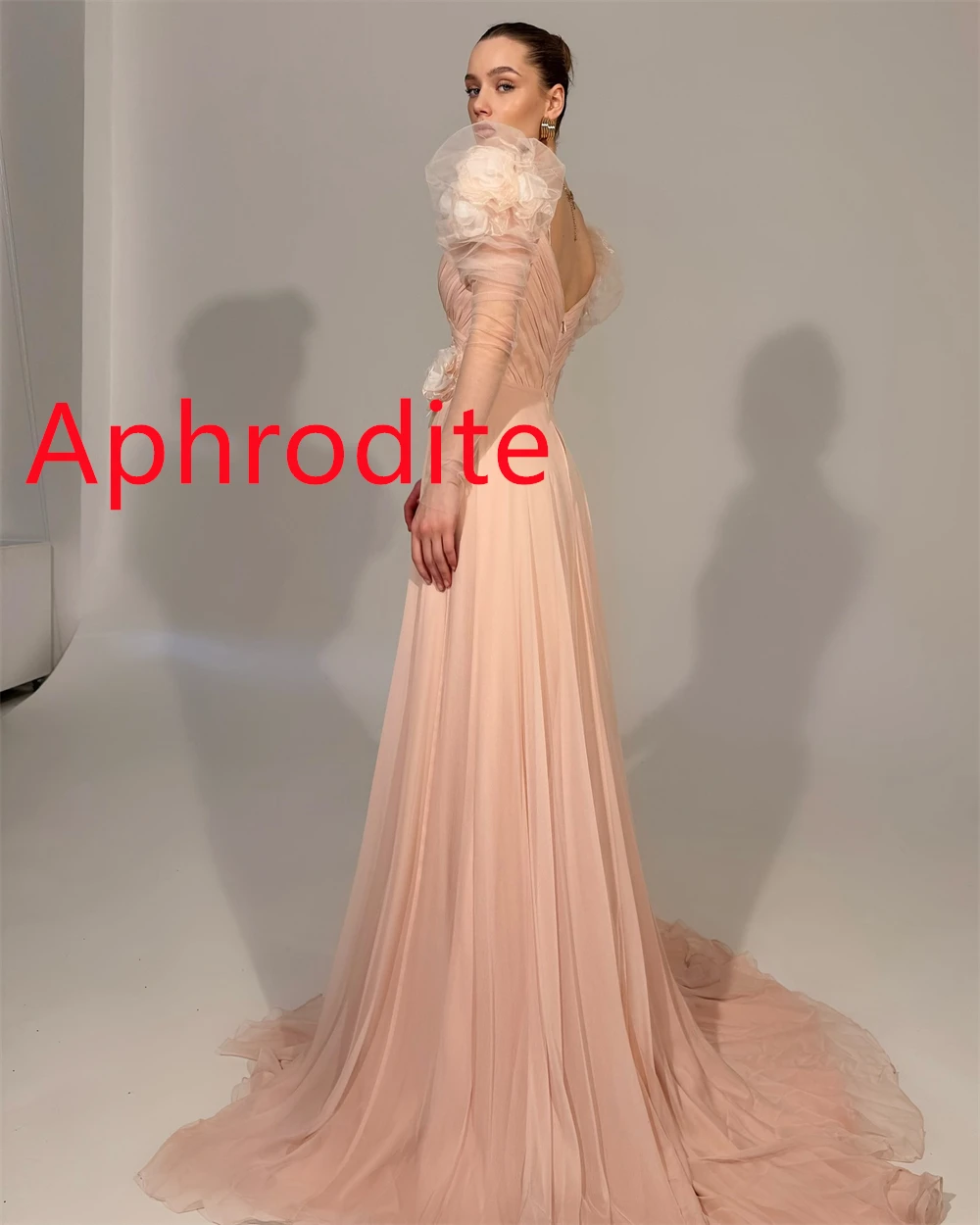 Customized Simple Champagne Chiffon Evening Dress Exquisite Square Collar Puff Sleeves Long Sleeves Special Occasion Gowns
