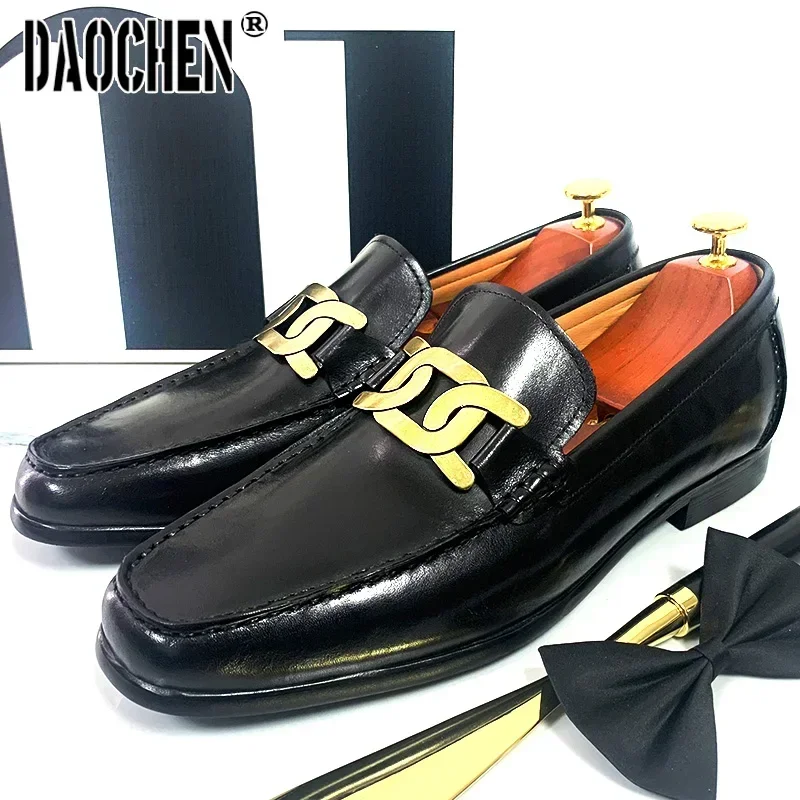 Luxury Men's Shoes Black Brown Slip On Horsebit Loafers Casual Mens Dress Shoes Wedding Banquet Office Leather Shoes Men