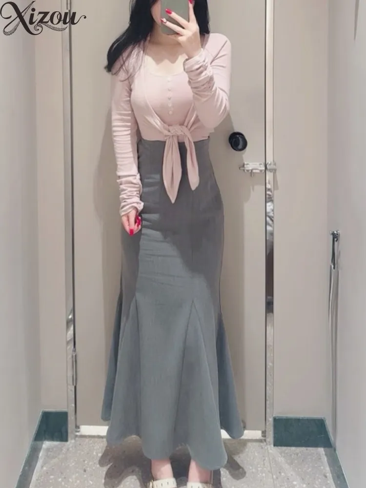 Elegant High Waist Slim Fit Mermaid Fish Knitted Midi Skirt Women Spring Autumn 2025 Japanese Korean Solid Color Plaid Skirts