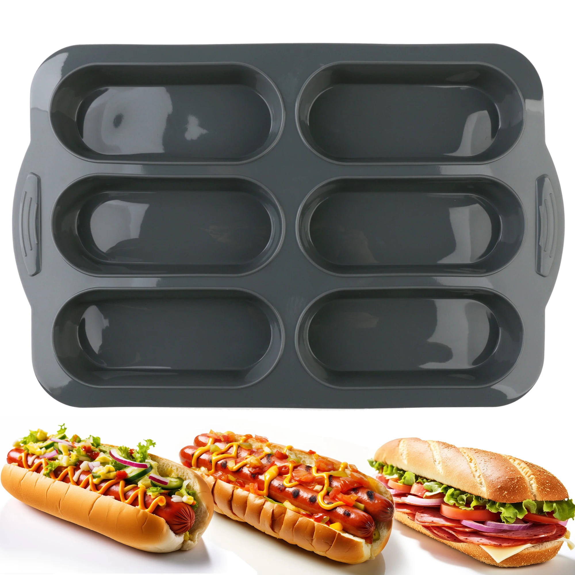 Silicone Baking Tray for French Bread Hot Dogs Long Rectangular Dark Grey Thick Mold for Bread Hamburgers Baking Hot Dogs