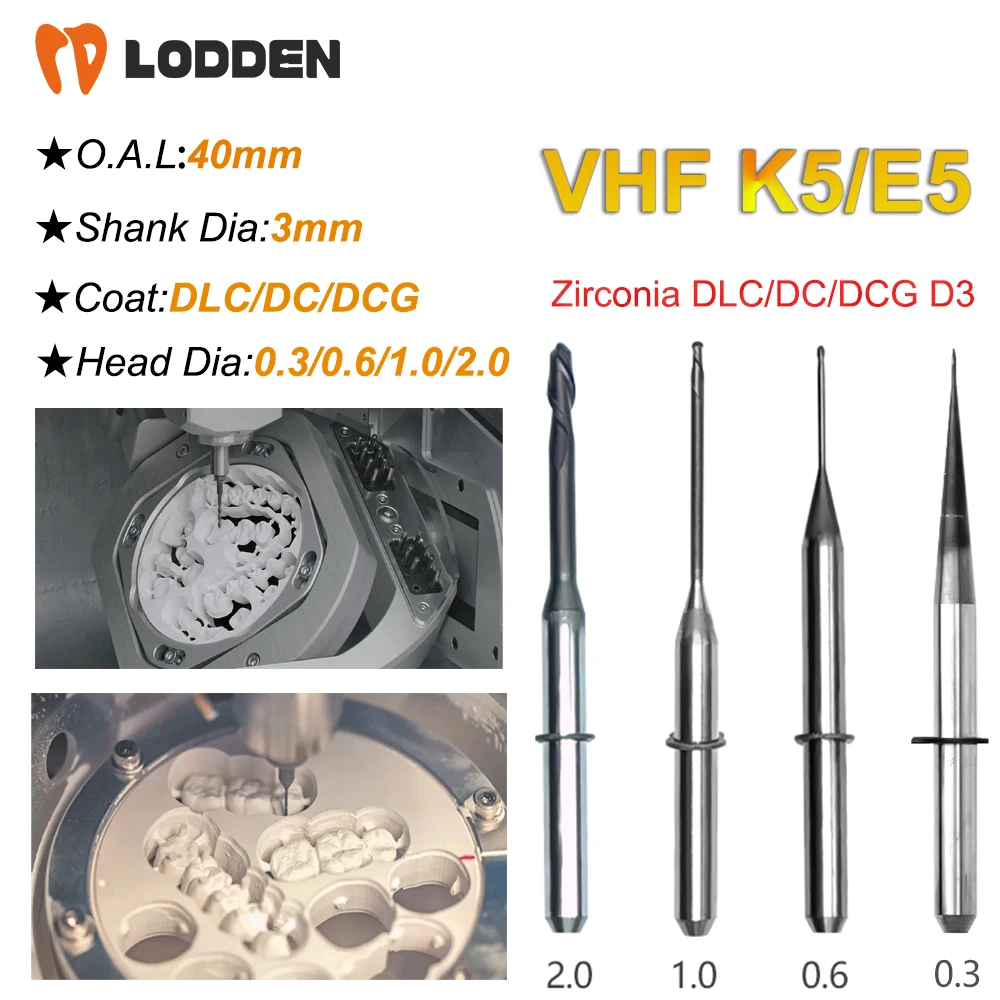 

VHF K5/E5 Zirconia Milling Burs D3 Shank DLC/DC/DCG Coating 40MM Length 0.3/0.6/1.0/2.0MM Dental Milling Cutter CAD CAM