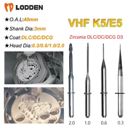 VHF K5/E5 Zirconia Milling Burs D3 Shank DLC/DC/DCG Coating 40MM Length 0.3/0.6/1.0/2.0MM Dental Milling Cutter CAD CAM