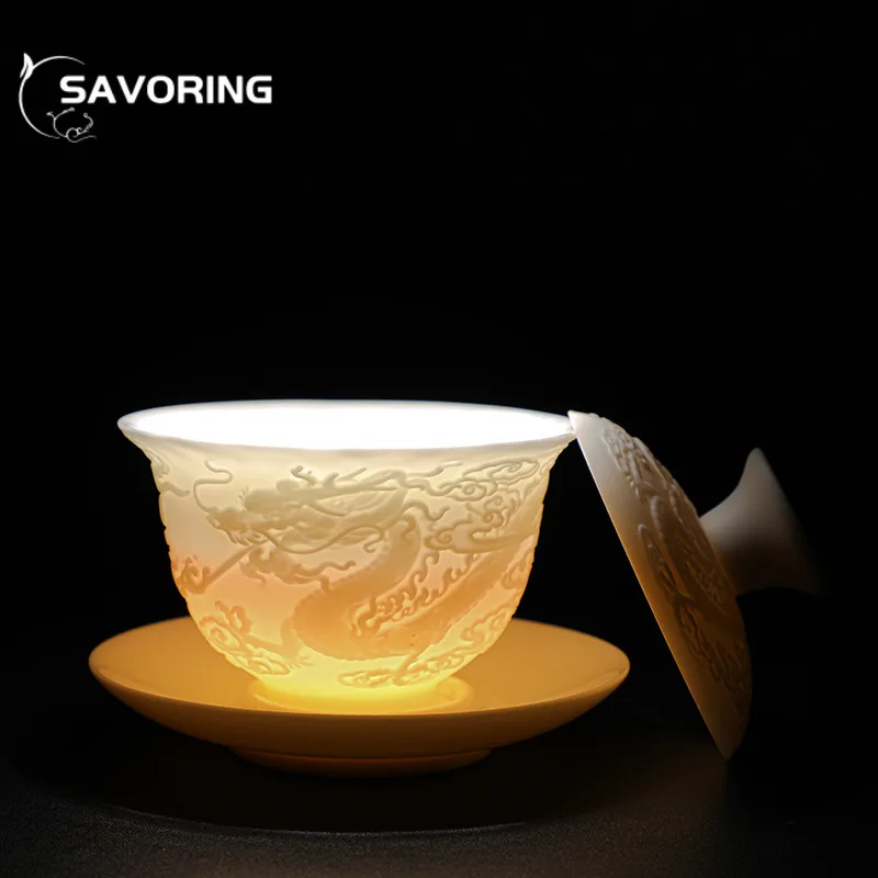 150ml Mutton-fat Jade Porcelain Gaiwan Relief Dargon Tea Bowl with Saucer Lid Kit Set Tea Tureen Tea Maker Cover Bowl Ornaments