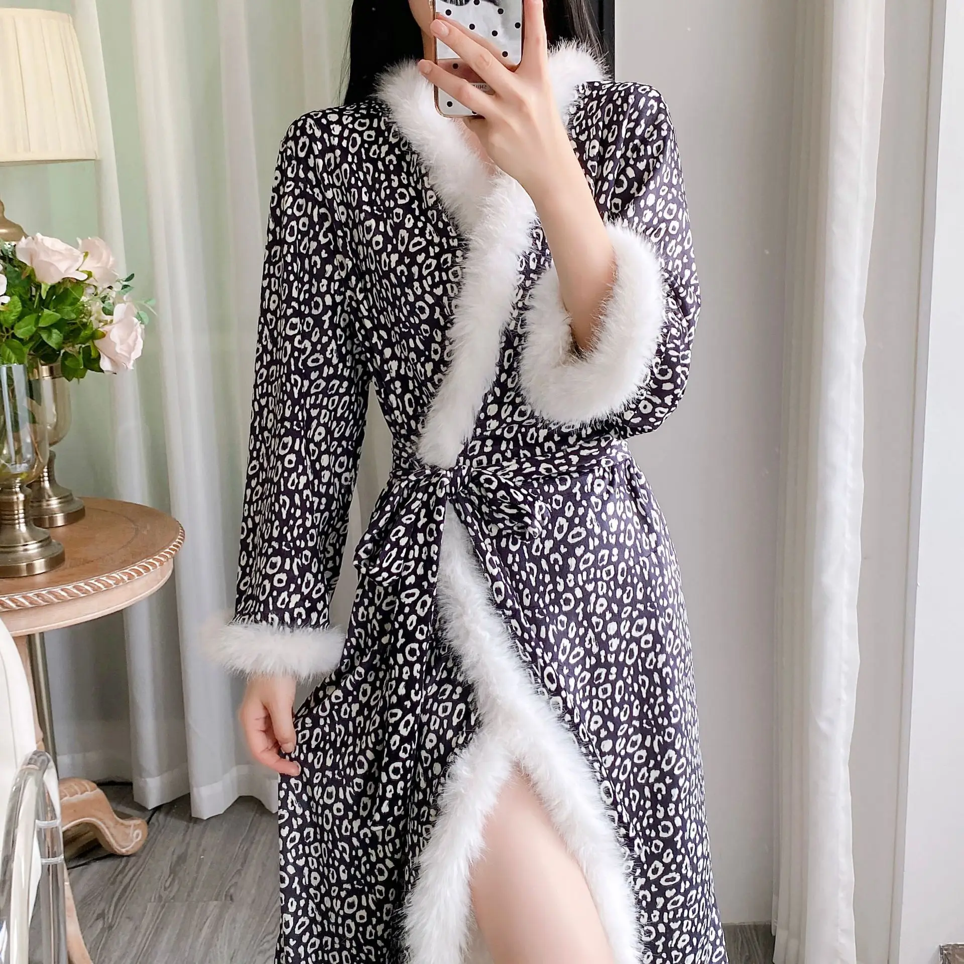 

Бархатный халат, сексуальное леопардовое кимоно, домашняя одежда, длинные пижамы, одежда для сна, женское осенне-зимнее новое интимное белье