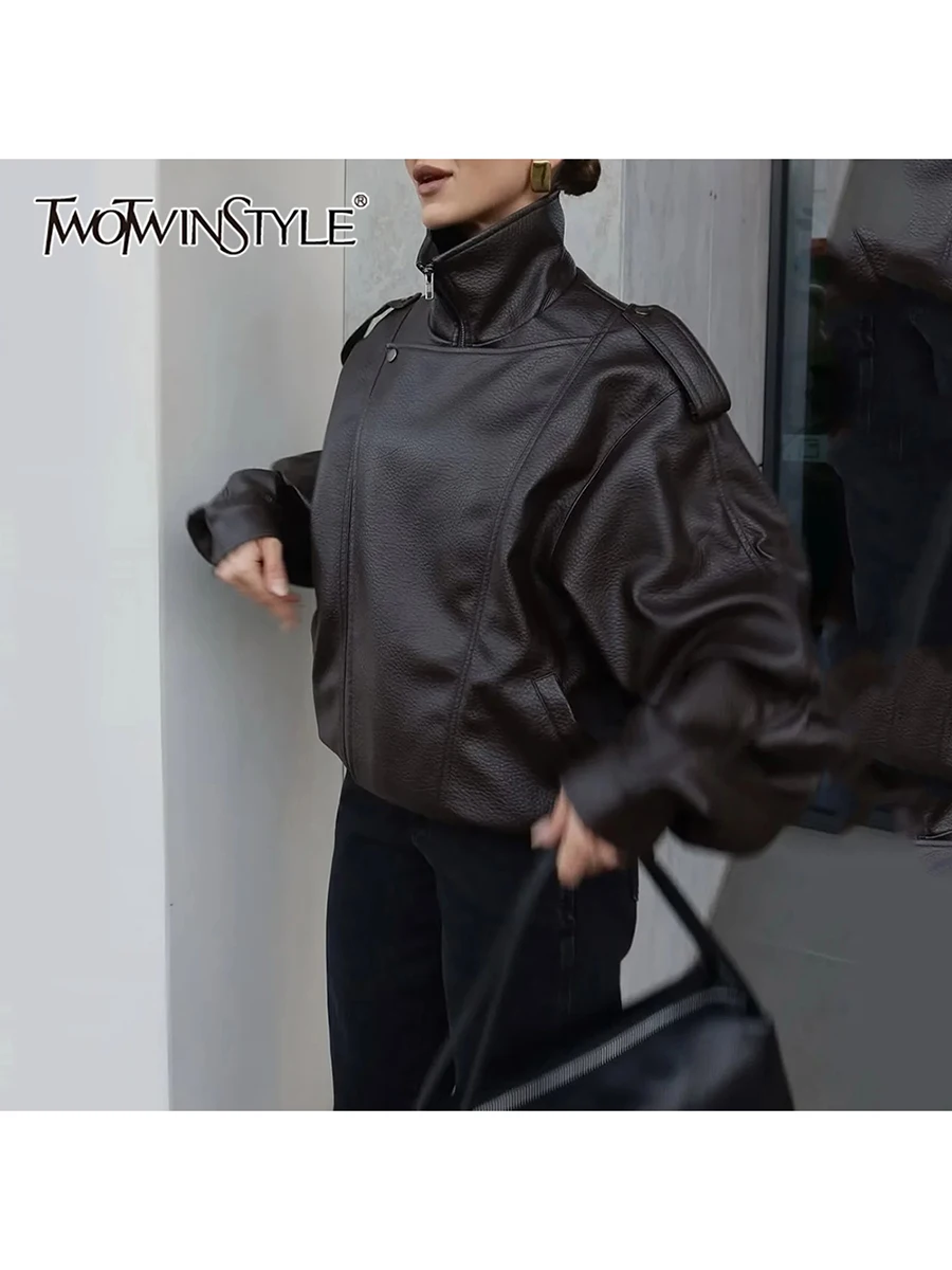 

TWOTWINSTYLE Solid Loose Spliced Zipper Casual Leather Jackets for Women High Neck Long Sleeves Fashion Jacket Female Clothing