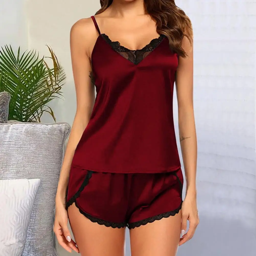 Sexy Dessous Frauen Sommer Schlinge rücken freie Weste Tops elastischen Bund weites Bein Shorts Spitze Trim Dekor glatte Satin Nachtwäsche