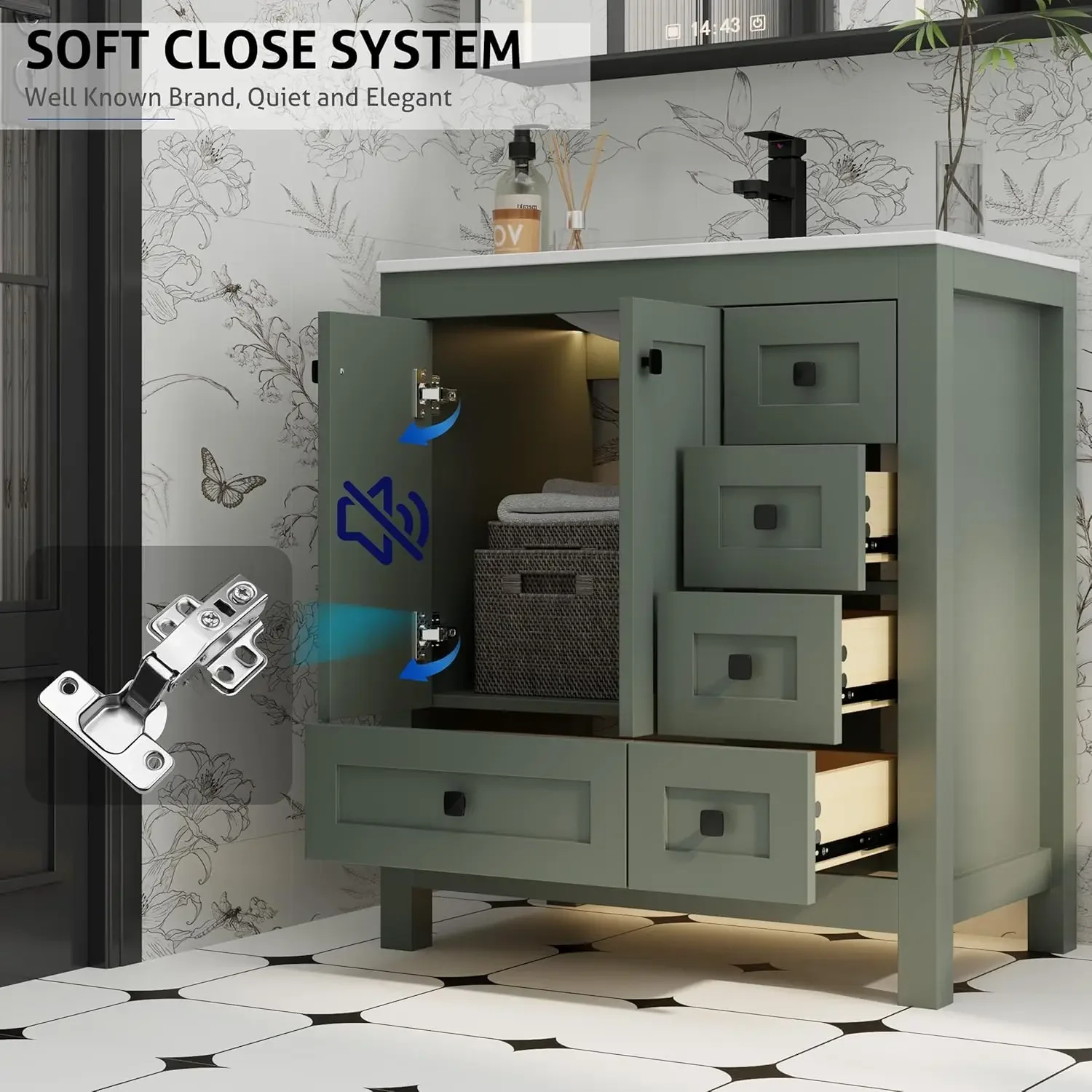 [عرض لفترة محدودة، اشترِ الآن! ]ورود حمام مقاس 30 بوصة مع مجموعة حوض، وخزانة تخزين حمام خشبية سميكة حديثة مع حامل سفلي