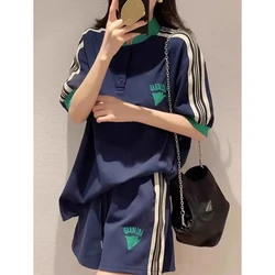 Navy Loose Side Patch Streetwear tuta camicie estive pantaloncini pantaloni ricamo due pezzi set donna Outifits Harajuku Casual