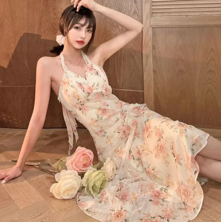 Vestido camisola floral sem costas feminino