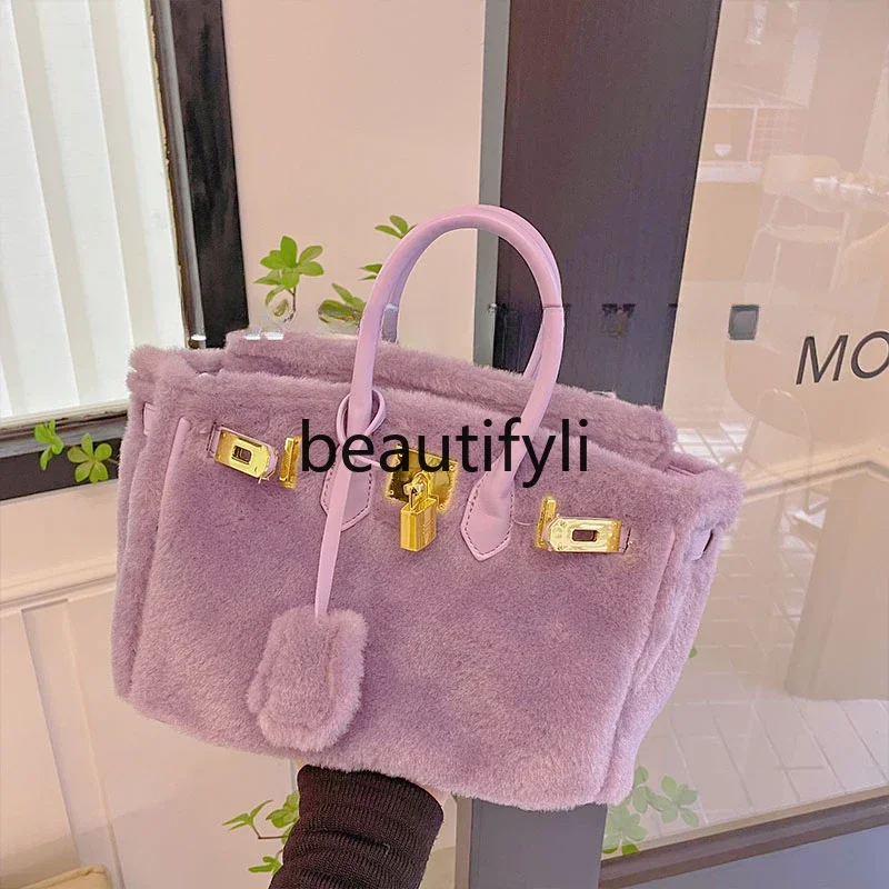 Winter Anemone Purple Plush Rabbit Hair Platinum Kelly Bag Hairy Large Capacity Handheld Messenger Bag