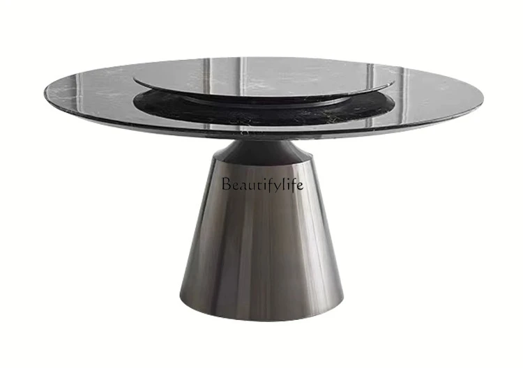 

Italian minimalist marble dining table light luxury stainless steel luxury stone round dining table with turntable