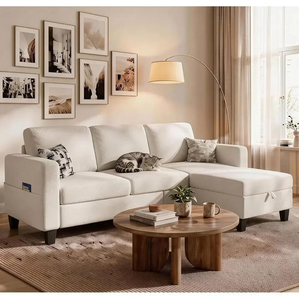 Beige L-Shaped Sectional Sofa with Storage Ottoman, Deep Seat, Pet-Friendly Linen Fabric for Small Spaces