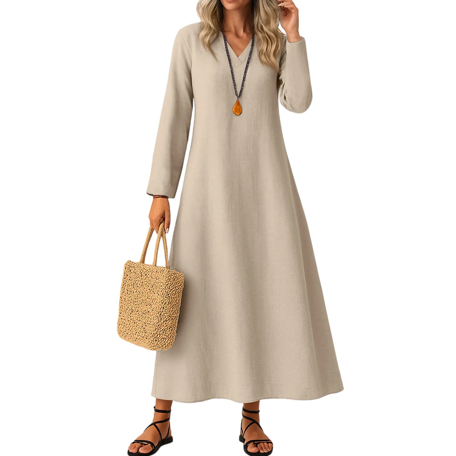 Dress For Women Long Boho Beach Dress Elegant Maxi Dress V-Neck Long Sleeve Dress With Pockets Vestidos Para Mujer Female Dress