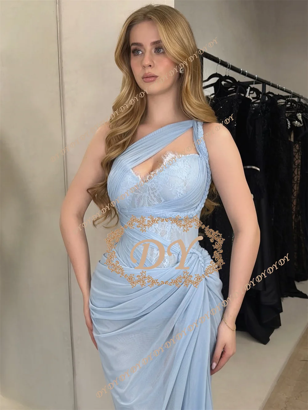 

DY Light Blue One-shoulder Lace Panel Twist Detail Customized High Slit Prom Dress Vestidos De Noche Elegant Customized