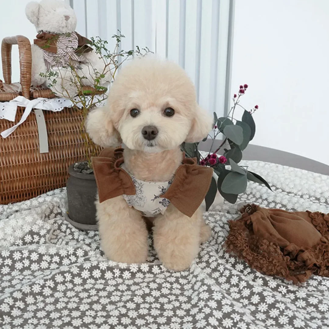 Pet Flower Linen Cotton Dress Printed Pleated Suspender Skirt Teddy Dog Dress Pet Clothes Dog Clothes for Small Dogs Pet Clothes