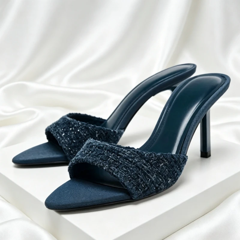 2026 Designer Fabric High Heels Sandals Woman Summer Sexy Pointed Toe Stiletto Slippers Elegant Peep Toe Banquet Slides Sandals