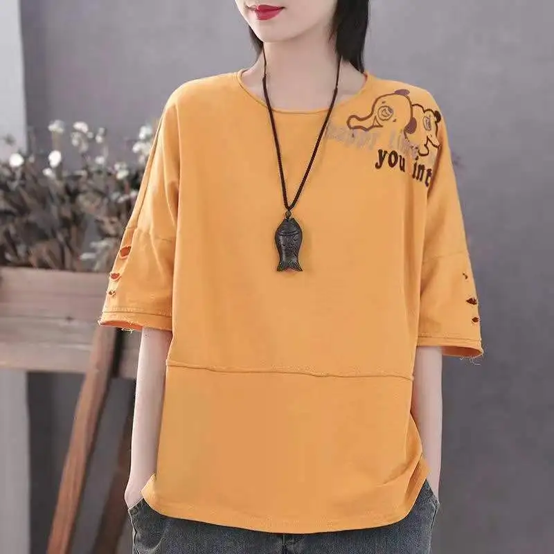 100% Cotton Large Size Korean Half Sleeved Loose T-shirt for Women\'s Summer New Casual Versatile Slimming Covering Belly Top