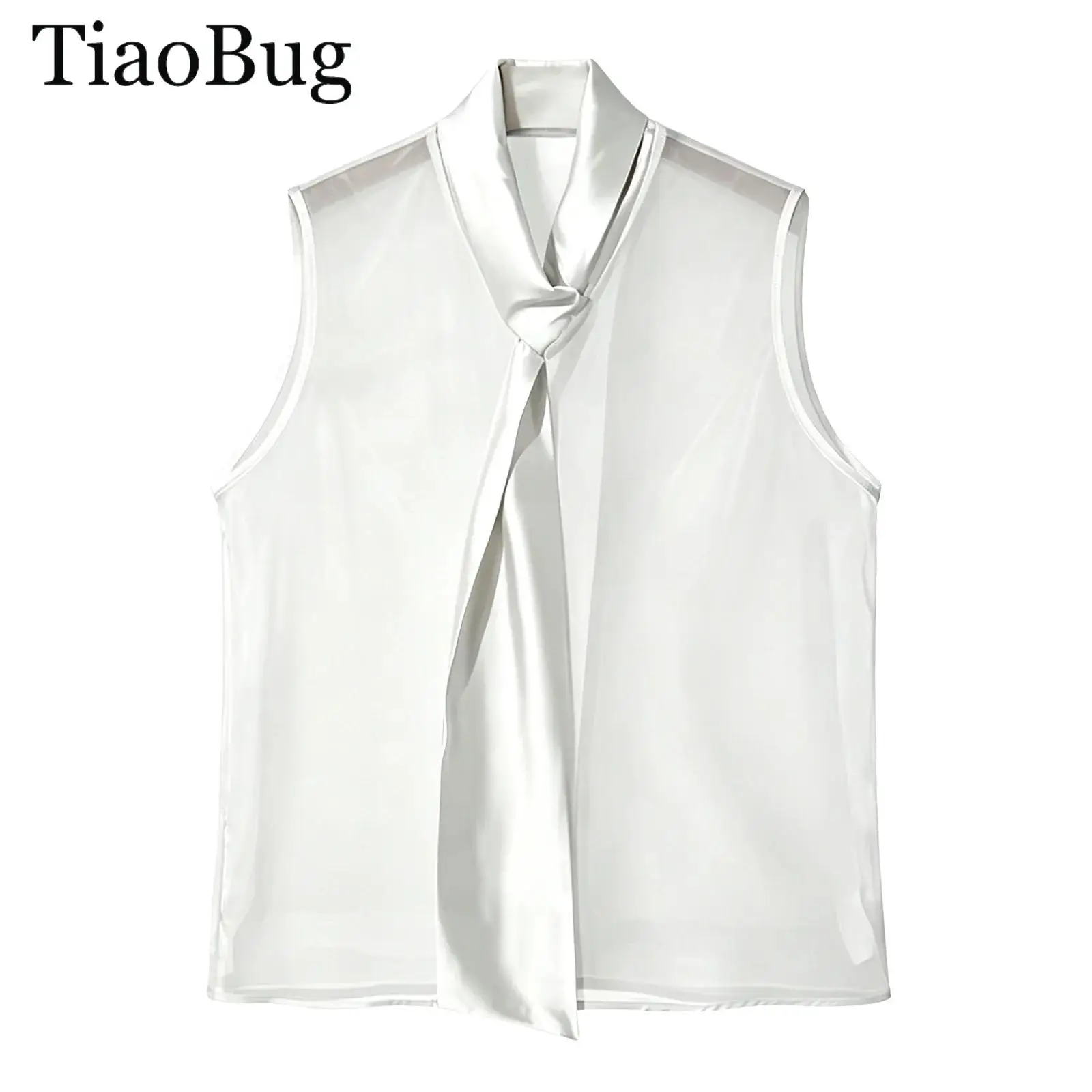 Men's Solid See Through Sleeveless Shirt Vest Sheer Mesh Tank Top Satin Tie Neck Solid Color T-shirt Night Clubwear Streetwear