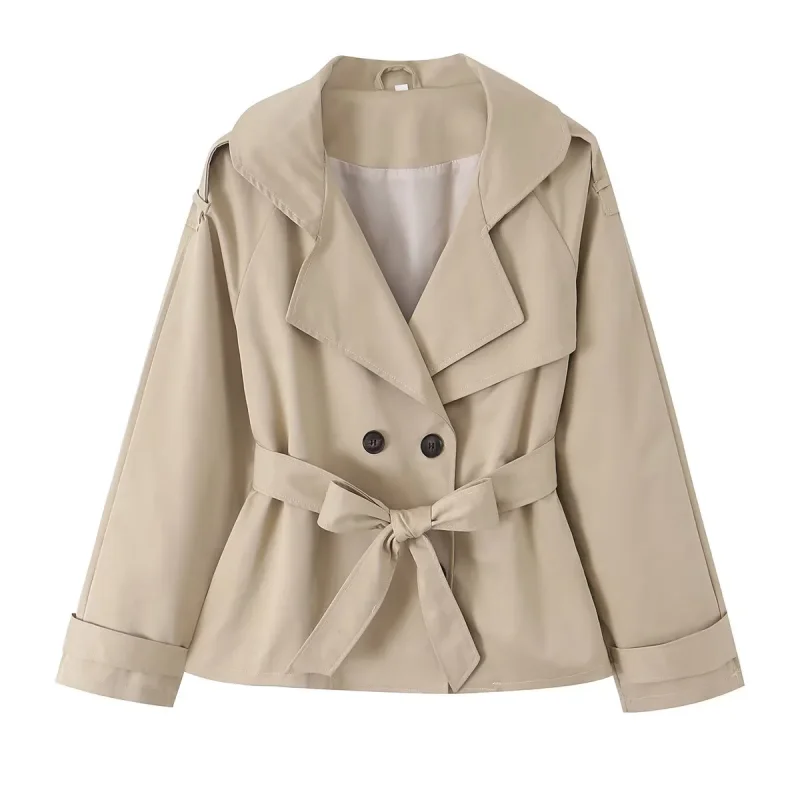 Elegant Female Lapel Collar Trench Coat Spring Autumn New Arrival Overcoat Short Length Waist‑Tie Cinched Long Sleeves Outerwear