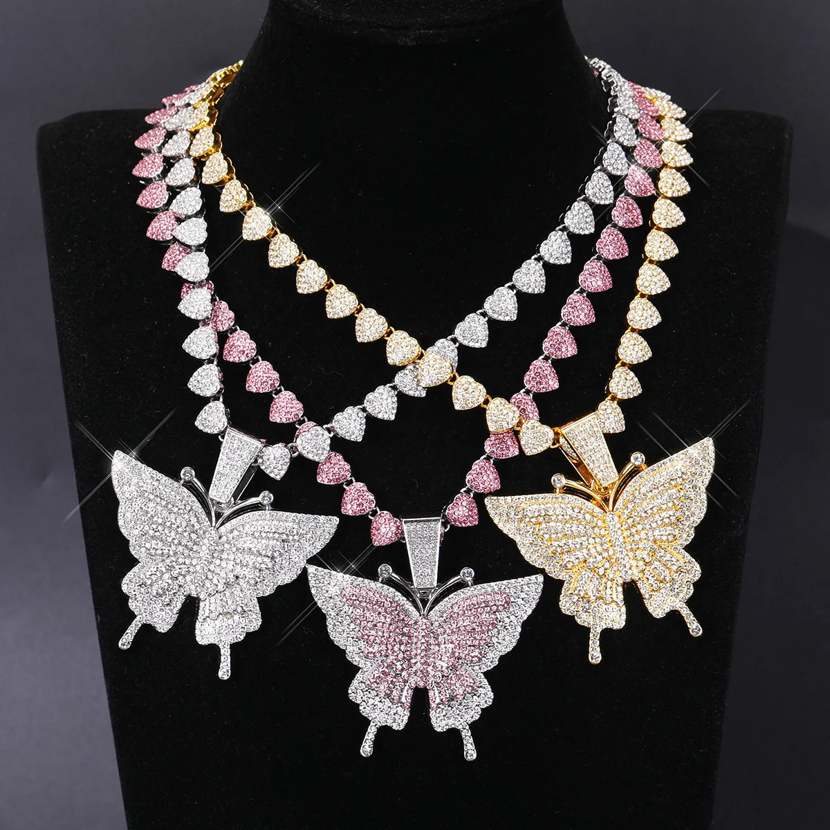 

Pink Luxury Sparkle Full Crystal Butterfly Cuba Choker Necklace for Women Bling Multicolor Rhinestone Chunky Punk HipHop Jewelry
