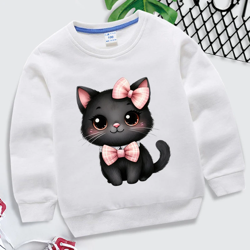 Halloween Black Cat Bow Print Sweatshirt Kids Autumn Winter Long Sleeve Round Neck Casual Pullovers Children Hoodless Sweatshirt