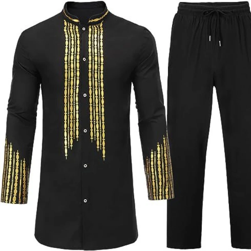 Men\'s African Men\'s Suit Bronzing Top and Trousers 2-Piece Set pakistan  muslim fashion  men arabic clothes  arab