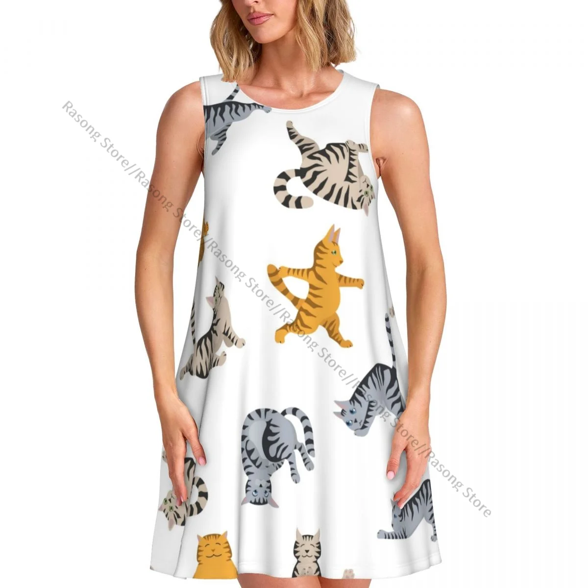 Robe d'été pour femmes, t-shirt décontracté, couverture de plage, chats avec différents poses de Yoga, robe débardeur