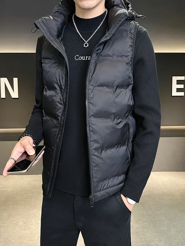 

Мужской высококачественный пуховый жилет с капюшоном, зима 2025, модный повседневный универсальный приталенный теплый верхний слой одежды из полиэфирного волокна на молнии