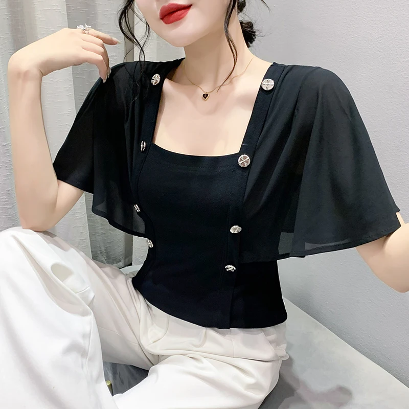 2023 New Summer Korean Clothes Cotton T-Shirt Chic Sexy Patchwork Button Ruffles Women Tops Half Sleeve Loose Casual Tees 34176