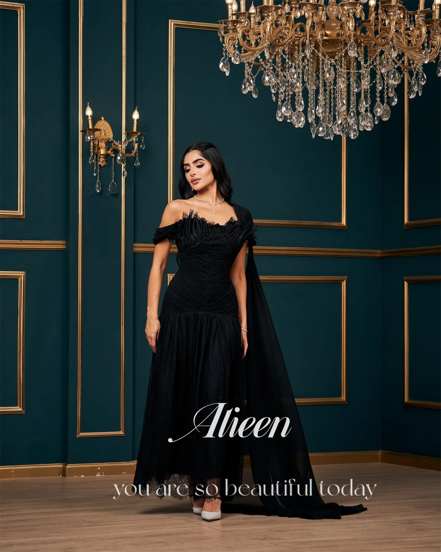 Aileen فسات Mohamedacomة Luxe avondjurken voor dames 2025 Luxe zwarte vestidos de festa zeemeermin op maat gemaakte off-shoulder jurk