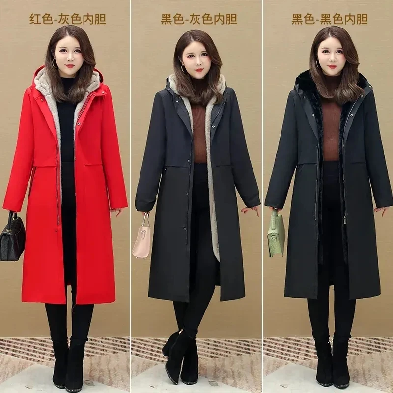 Winter New Women's Hooded Parka Jacket Mink Fur Liner Detachable Padded Coat Imitate Fur Integrated Long Overwear Female Tops