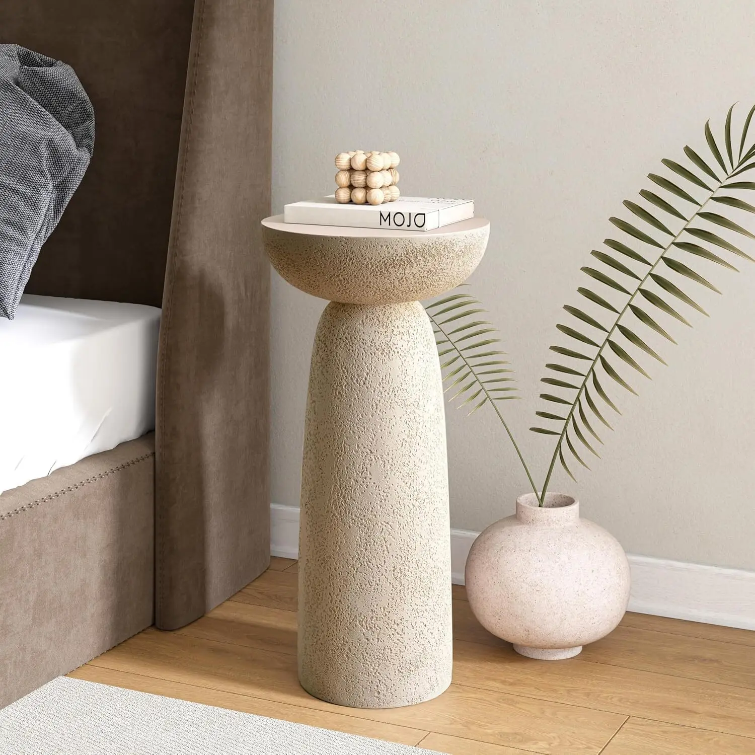 SHYFOY Mesa auxiliar de pedestal inspirada en piedra de 24 pulgadas de alto, mesa decorativa moderna de forma redonda
