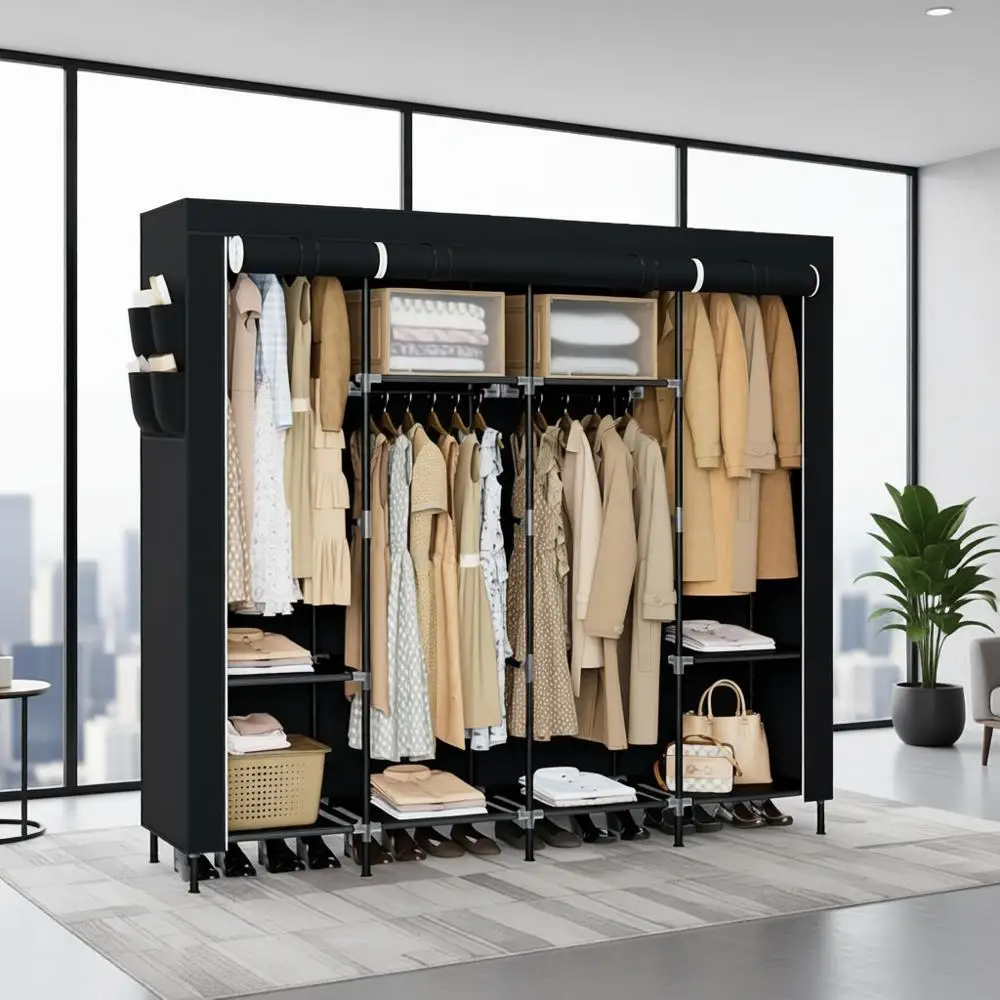 

Large 66.9 Inch Portable Wardrobe Closet with Cover, Storage Organizer, Shelves, 4 Hanging Rods, Easy Assembly, Black