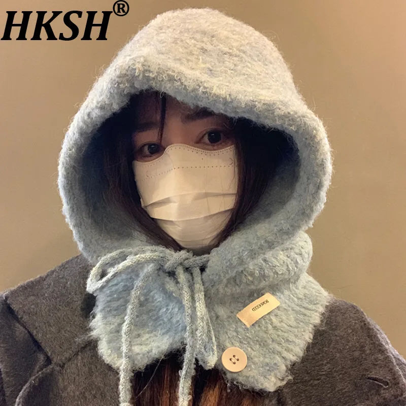 

HKSH Autumn Winter New Women Beanie Hat Buttoned Drawstring Outdoor Windproof Warm Elegant Temperament Sweet Knitted Cap HK12165
