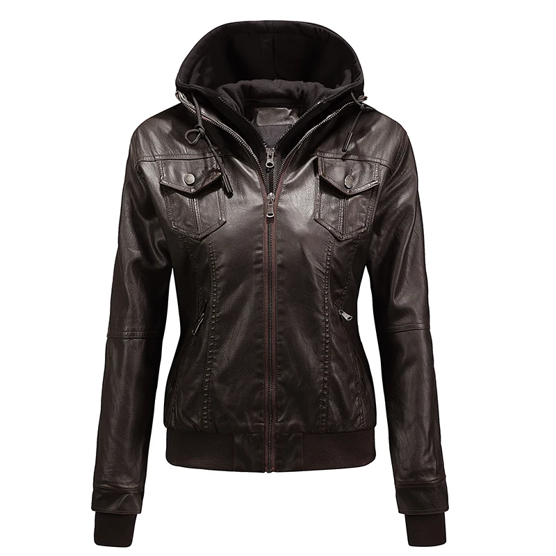 2024 New Women\'s Motorcycle Leather PU Hooded Leather Women\'s Washed Leather Jacket Coat Zipper Vintage Lapel Jacket