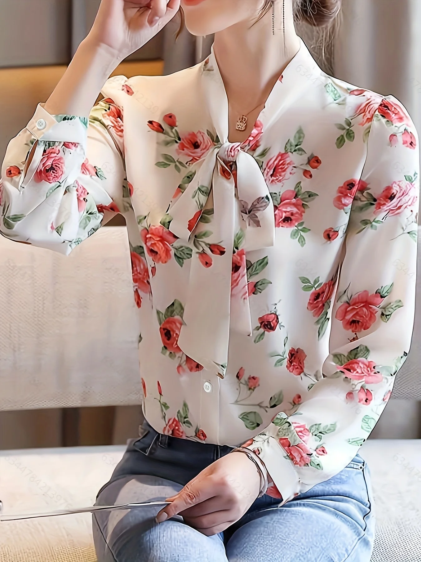 New long sleeve printed floral lace-up ladies spring and autumn sweet belly covered bow blouse ladies chic little shirt