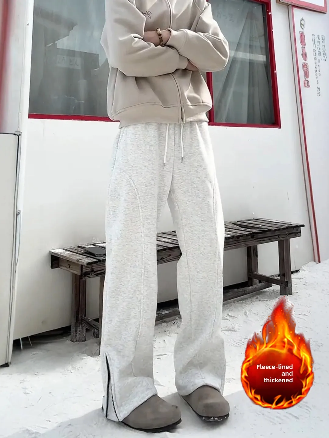 

Men's Fce Lined Side Zipper Flared Pants White ey Autumn Winter Casual Long Trousers Cleanfit Heavy Du Loose Fit mid W...