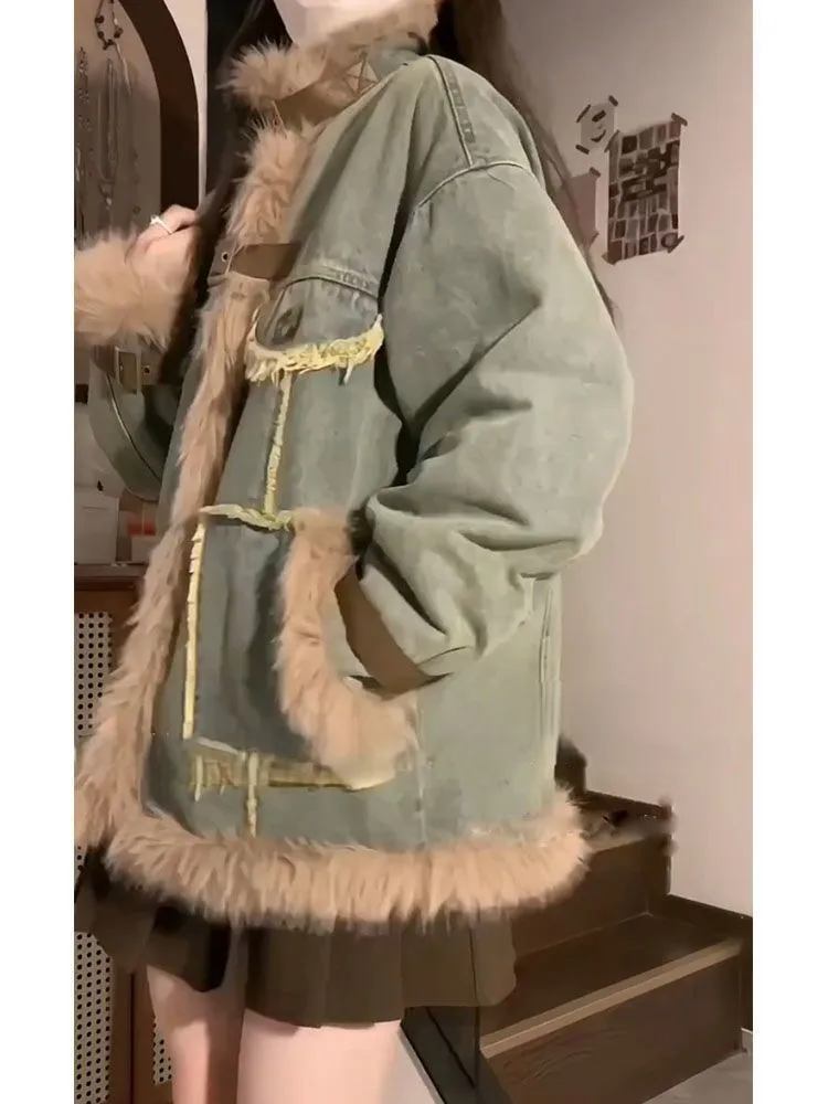 

Denim Coats Long Fur Plush Womens Winter Loose Fit Minimalist Streetwear Trend Anti-Odor Warmth Retention Softshell Padded Snap