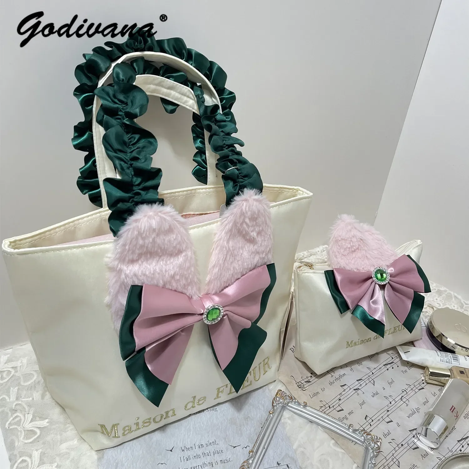 Japanese Hand Hold Makeup Cosmetic Bag Cute Girls Rhinestone Bowknot Pleated Women\'s Portable Fashion Tote Bags