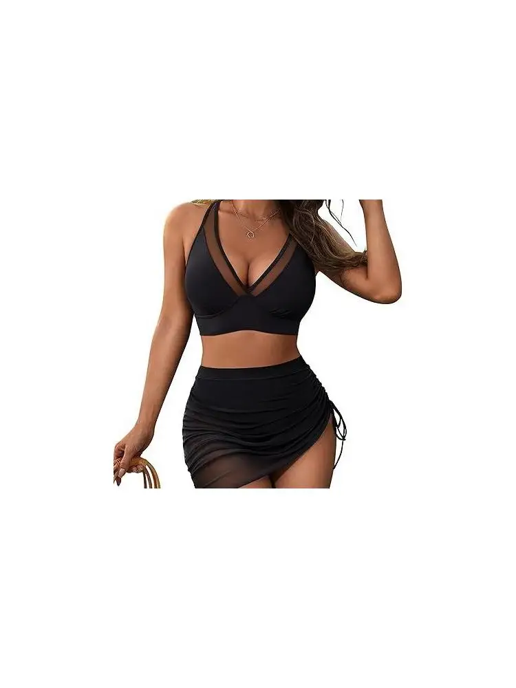 Sexy Mesh Swimsuit Set Women's Drawstring Bikini Quick Dry Removable Chest Pad Back Adjustable  Color Pool Scene