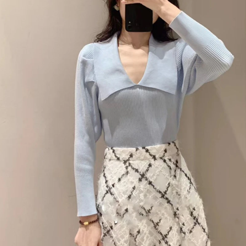 WAKUTA 2024 Spring New Elastic Slim Fit Soft Pull Femme Japanese Solid Color Lapel Bubble Sleeve Women Rib Knit Sweet Sweater