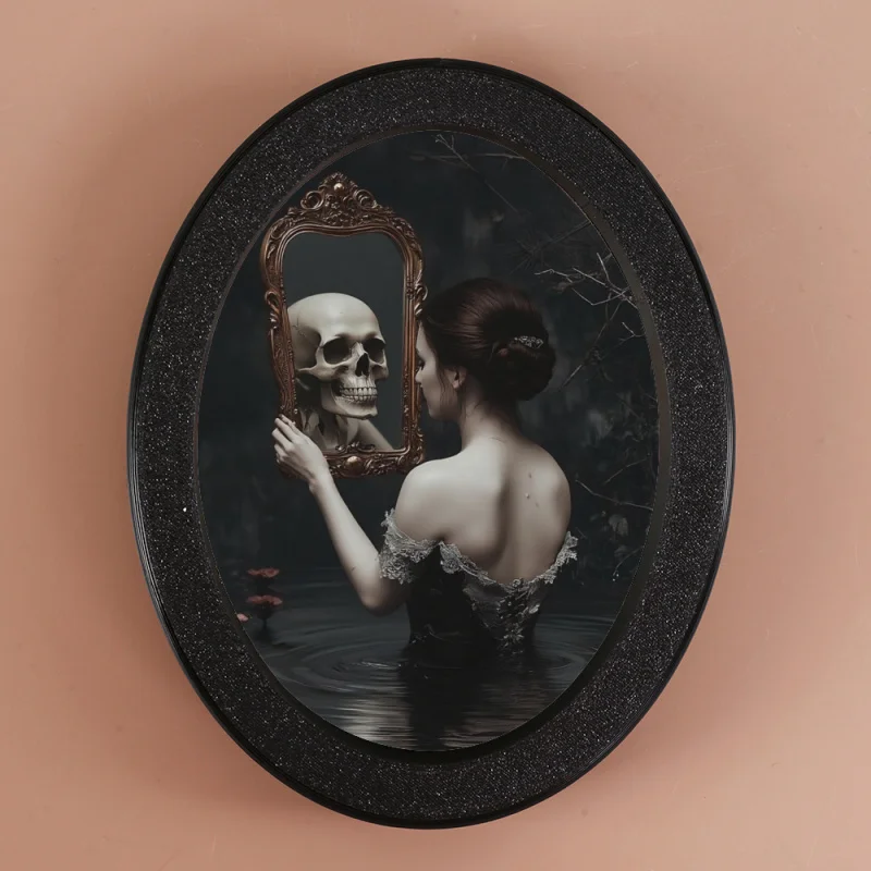 Totenkopf im Spiegel: Dunkler Look mit ovalem Rahmen – Gothic-Böhmische Wanddekoration mit schwarzen und goldenen Details