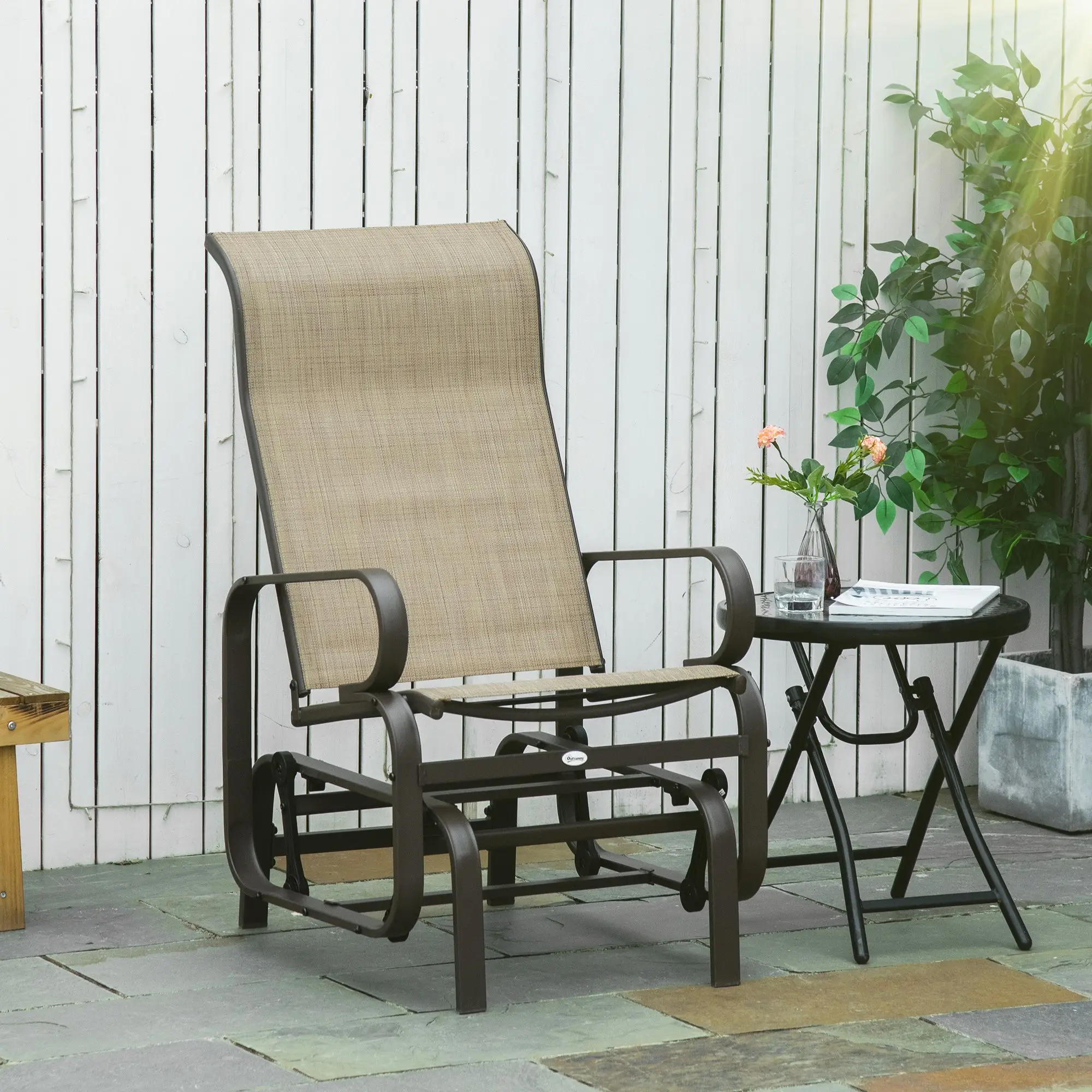 1-Person Outdoor Glider Swing, Single Rocker, Lightweight Metal, Mesh Fabric, 352Lbs Capacity, Tan/Brown